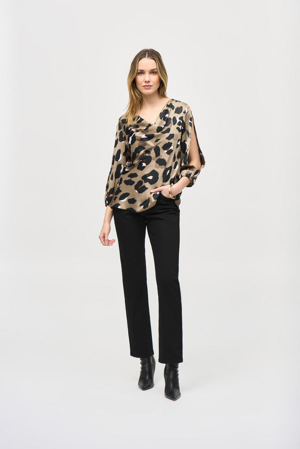 An image of a model wearing the Joseph Ribkoff Animal Print Top in Black/Multi.