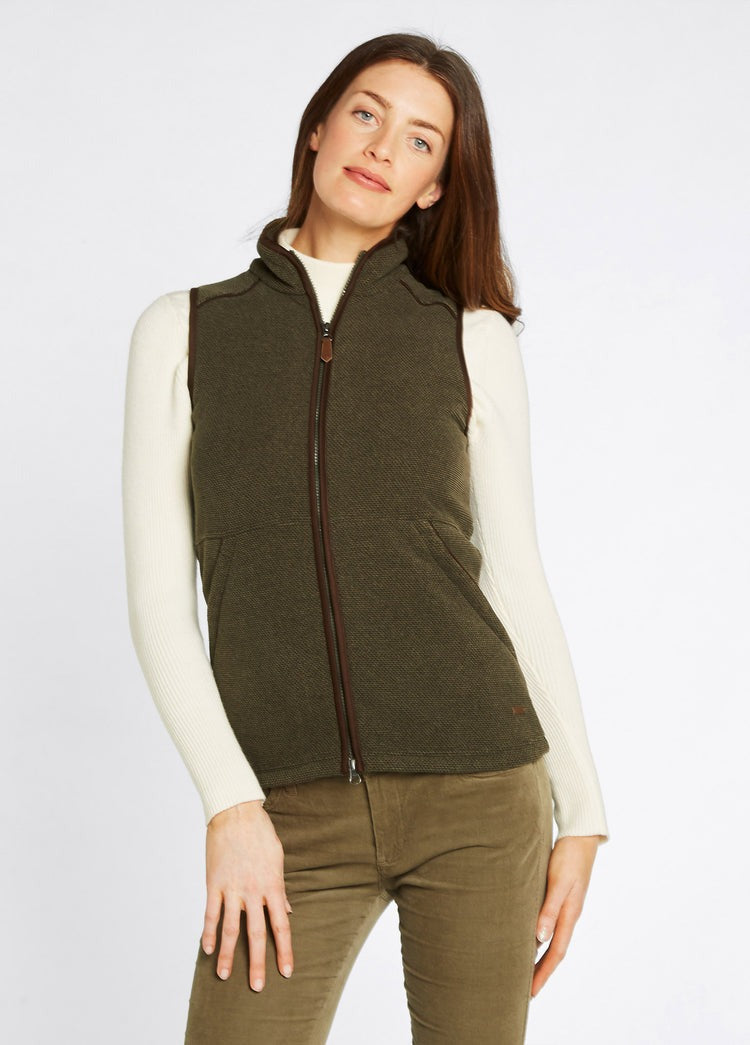 An image of the Dubarry Carbury Fleece Gilet in Olive.