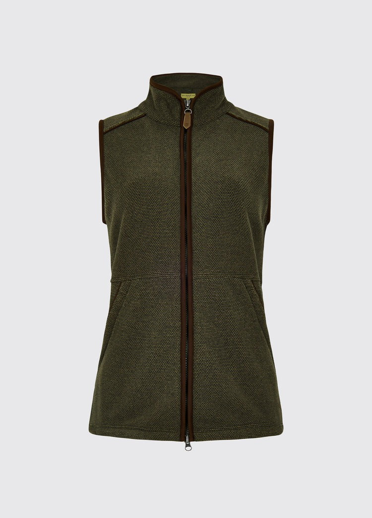 An image of the Dubarry Carbury Fleece Gilet in Olive.