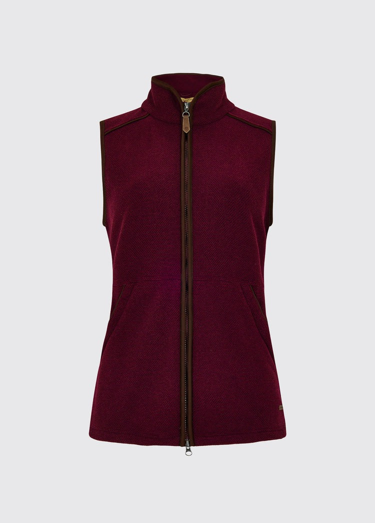 An image of the Dubarry Carbury Fleece Gilet in Ox Blood.