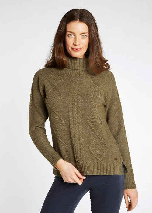 An image of the Dubarry Kirkwood Cable Stitch Sweater in Dusty Green.