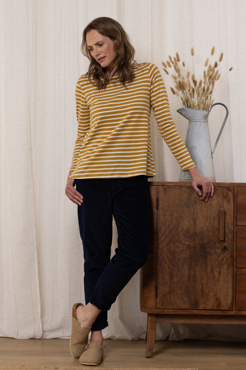 An image of the Lily & Me Riverside Stripe Top in Mustard.