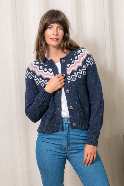 An image of the Lily & Me Fitz Fairisle Cardigan in Navy.