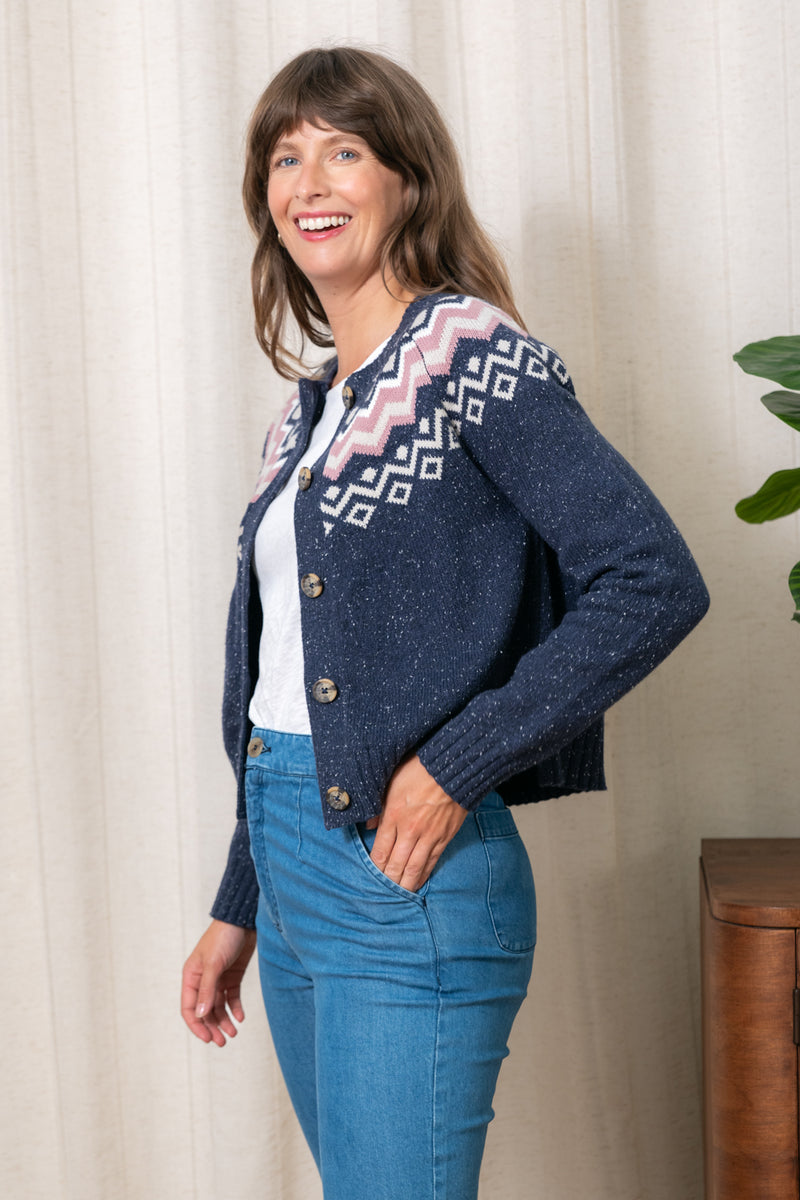 An image of the Lily & Me Fitz Fairisle Cardigan in Navy.