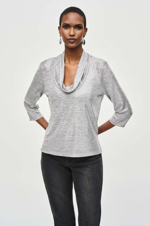 An image of a model wearing the Joseph Ribkoff Cowl Neck Top in Grey/Silver.