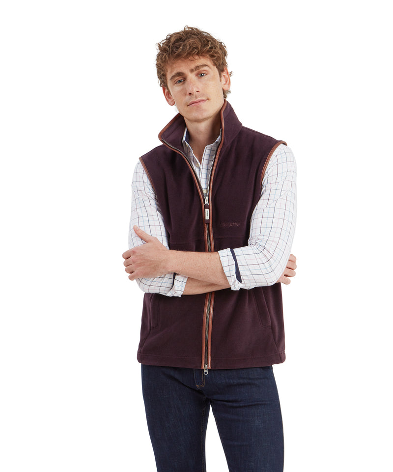 An image of the Schoffel Mens Oakham Fleece Gilet in Port.