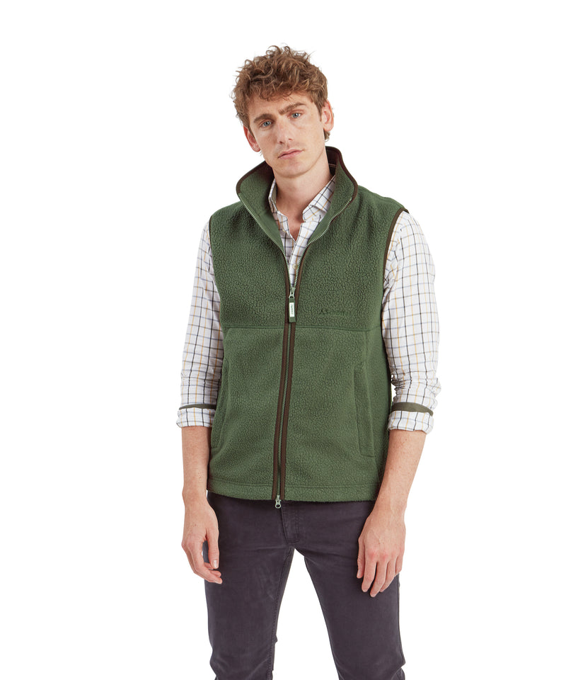 An image of the Schoffel Mens Oakham Retro Fleece Gilet in Woodland.