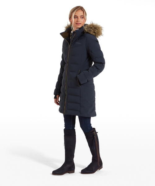 An image of the Schoffel Hurlingham Waterproof Down Coat in Carbon Navy.