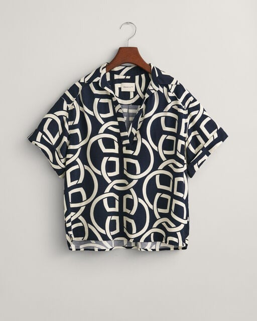 An image of the Gant Relaxed Fit Monogram Print Popover Short Sleeve Shirt in Evening Blue.