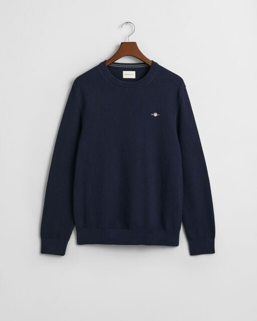 An image of the Gant Micro Textured Crew Neck Sweater in Evening Blue.