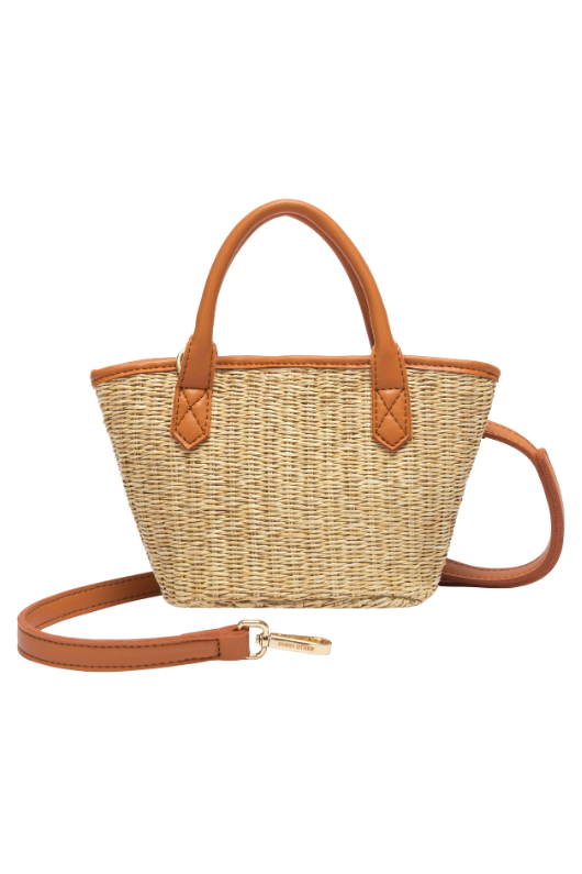 Every Other Straw Rattan Grab Bag. A small raffia bag with tan faux leather details, top handles, crossbody strap, and fully lined interior with zip pocket.