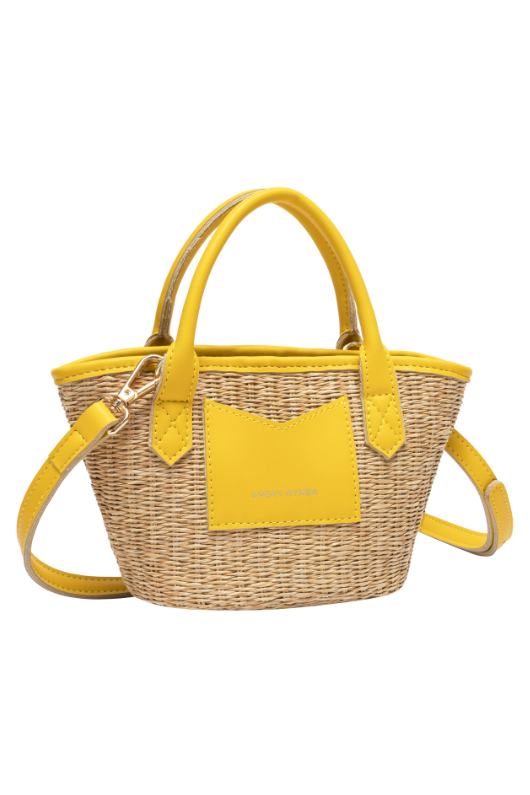 Every Other Straw Rattan Grab Bag. A small raffia bag with yellow faux leather details, top handles, crossbody strap, and fully lined interior with zip pocket.