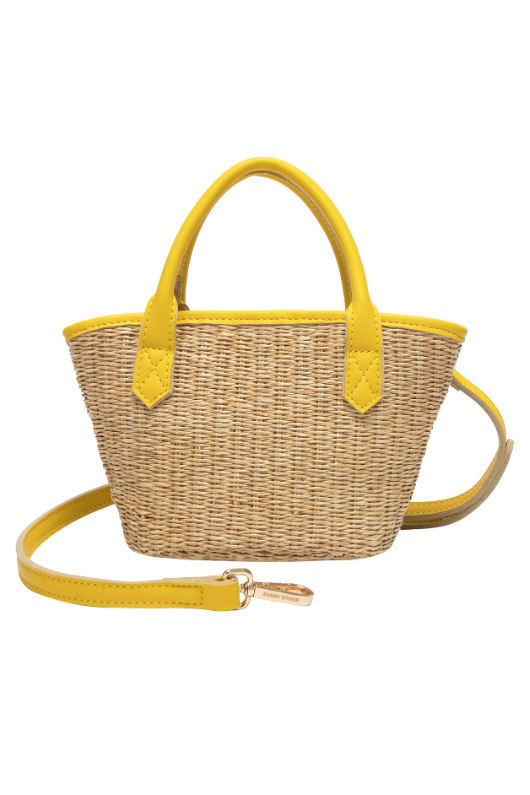 Every Other Straw Rattan Grab Bag. A small raffia bag with yellow faux leather details, top handles, crossbody strap, and fully lined interior with zip pocket.